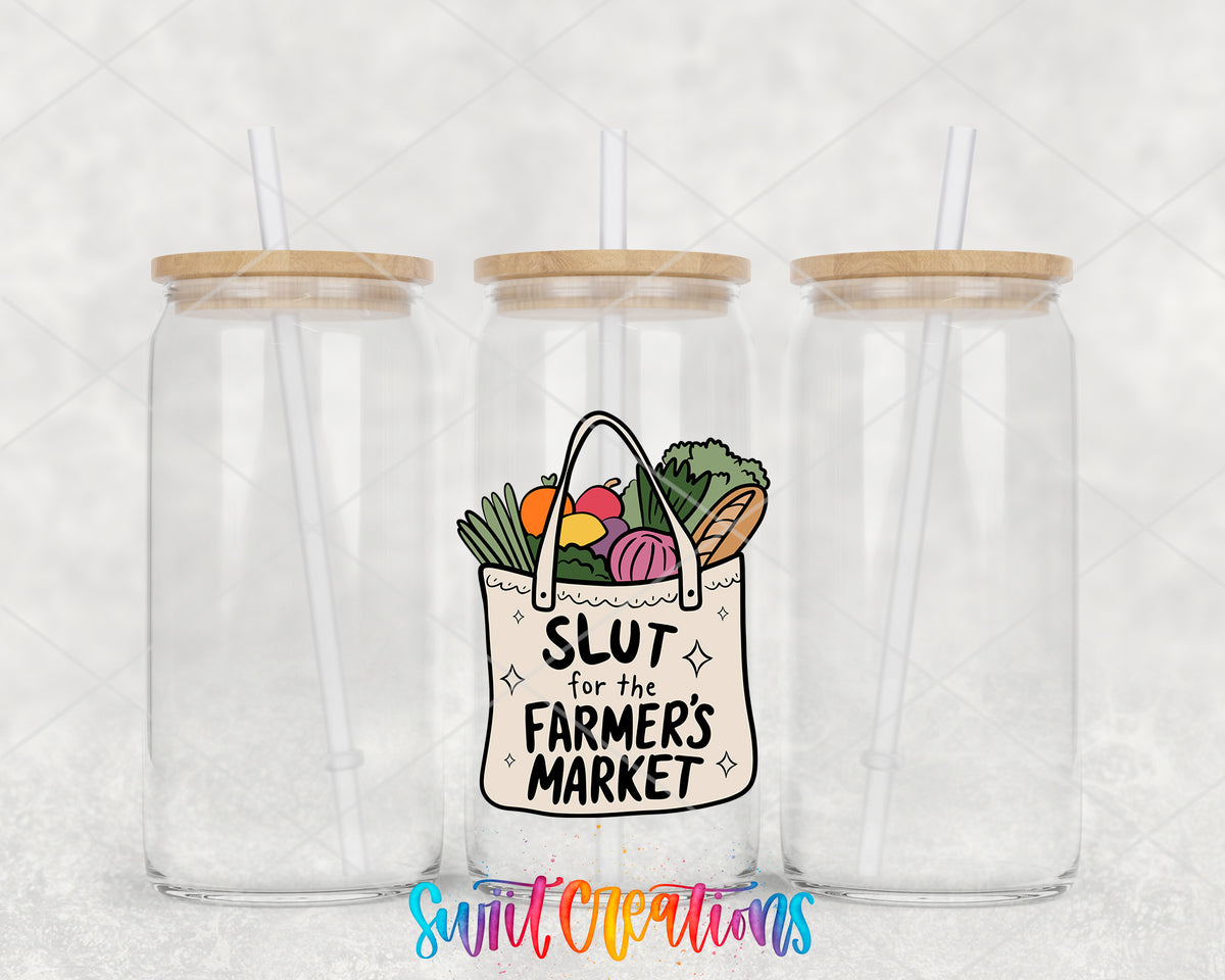 Farmers Market Lover clear glass tumbler group mockup with bamboo lids and straws