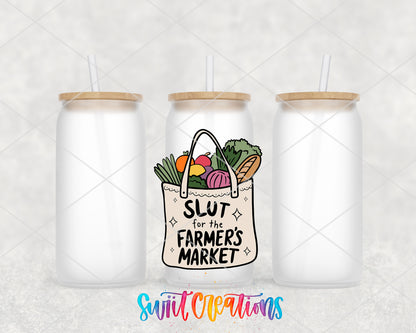 Farmers Market Lover frosted glass tumbler group view with lids and straws