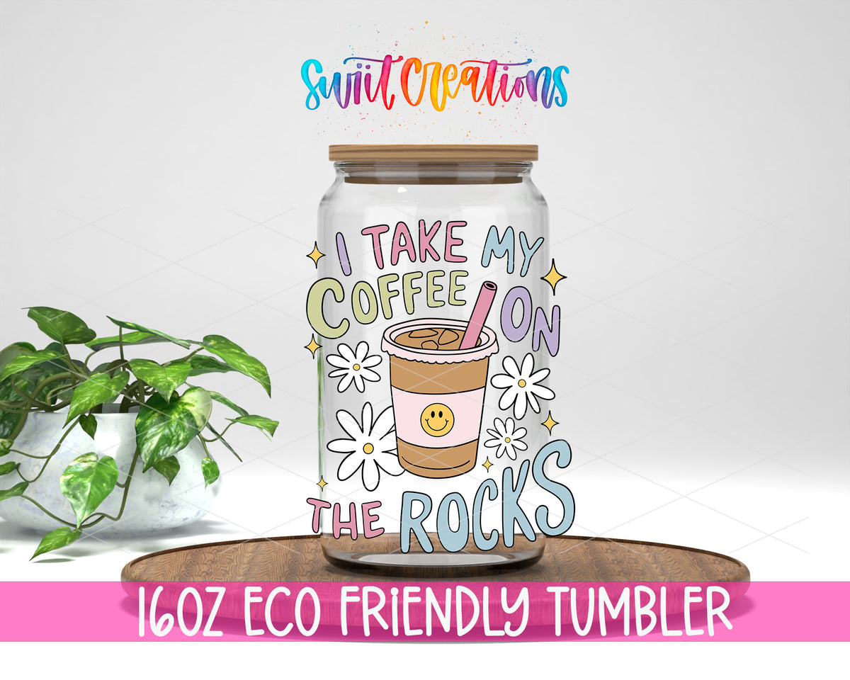 Coffee on the Rocks design on a 16 oz clear glass tumbler with bamboo lid