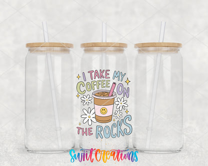 Coffee on the Rocks clear glass tumbler group mockup with bamboo lids and straws