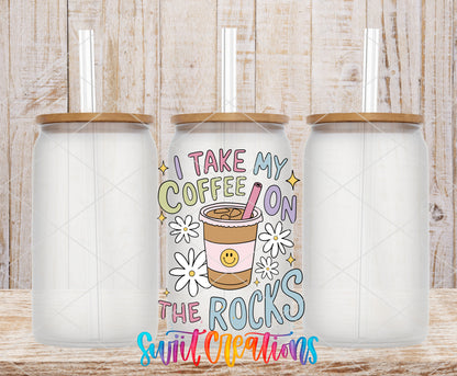 Coffee on the Rocks frosted glass tumbler mockup with bamboo lids and straws