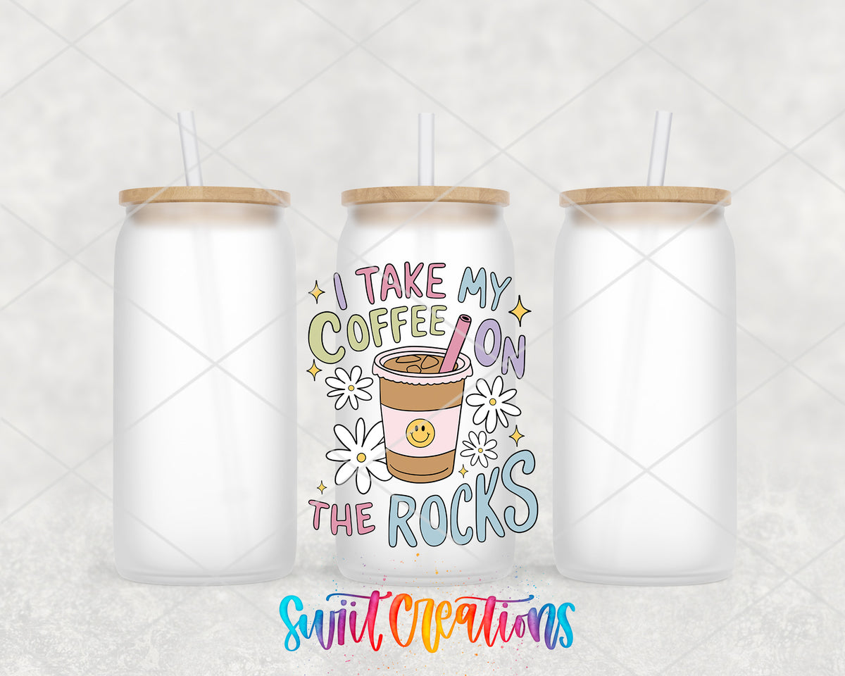 Coffee on the Rocks frosted glass tumbler group view with lids and straws