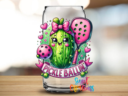 Pickle Ballin design close-up on a clear glass can tumbler