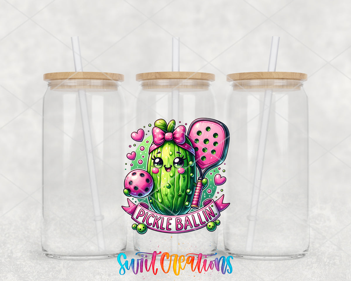 Pickle Ballin clear glass tumbler group mockup with bamboo lids and straws