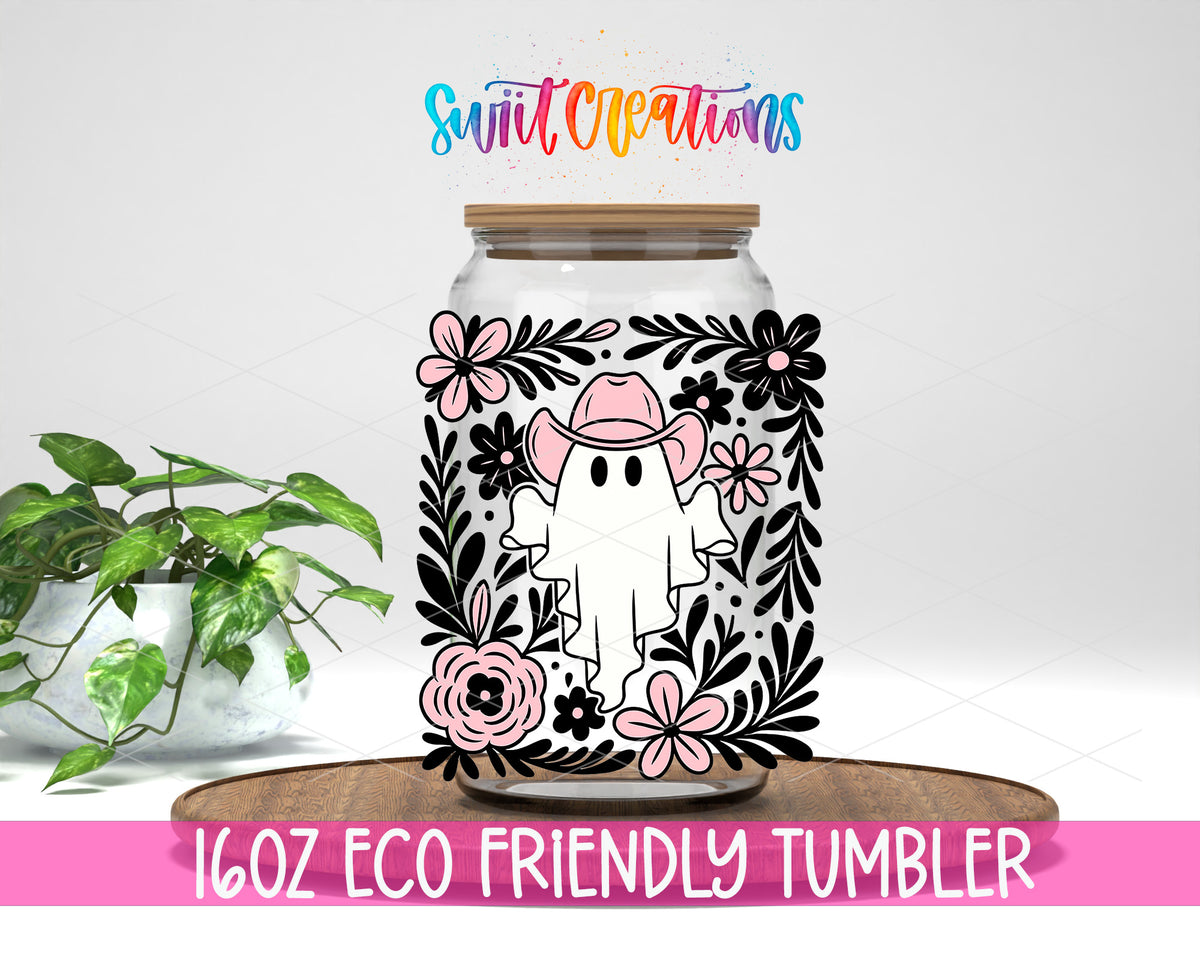 Pink Cowboy Ghost design on a 16 oz clear glass tumbler with bamboo lid