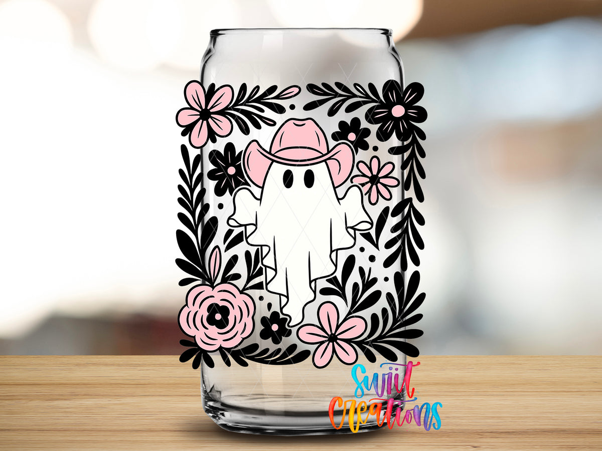 Pink Cowboy Ghost design close-up on a clear glass can tumbler