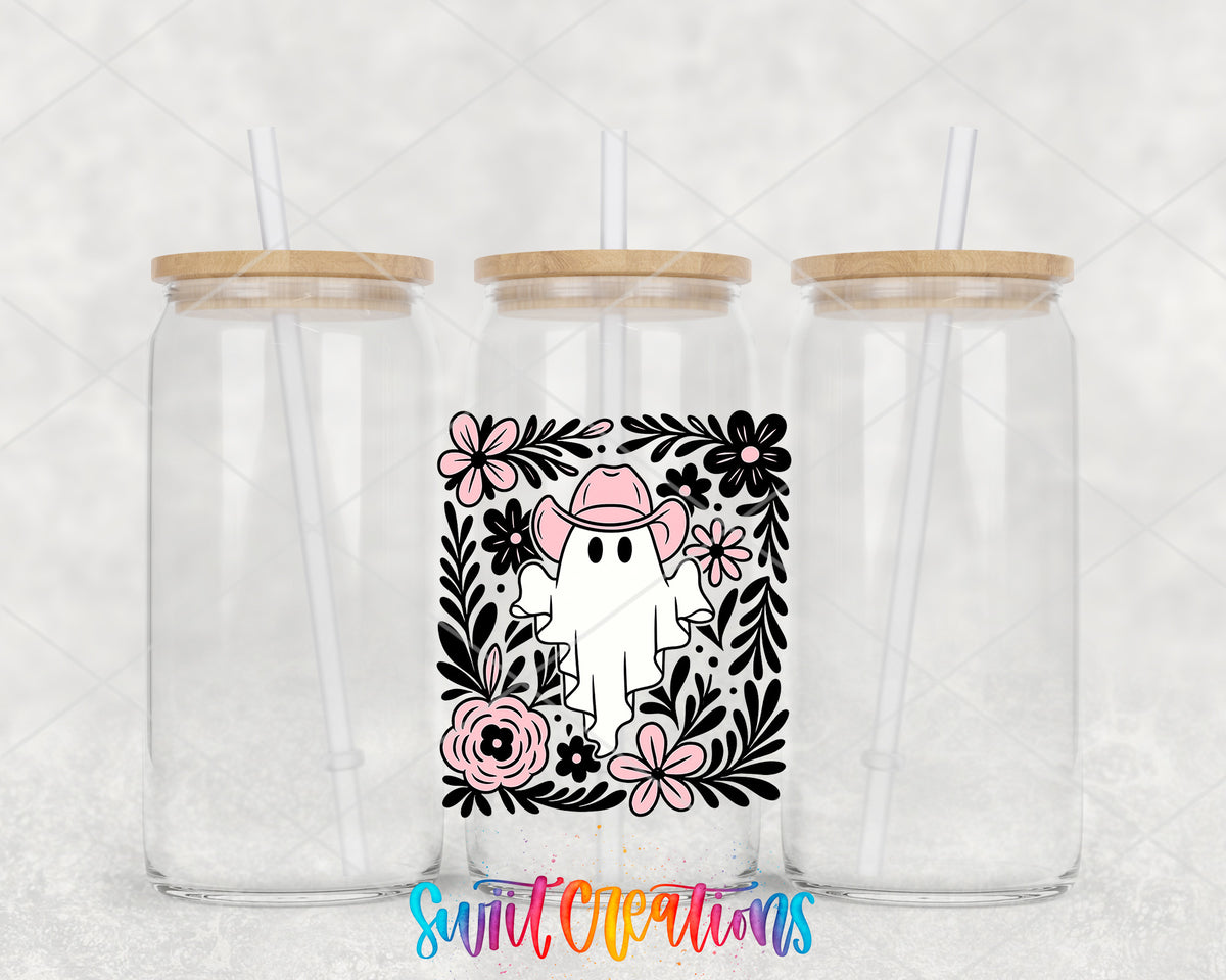 Pink Cowboy Ghost clear glass tumbler group mockup with bamboo lids and straws