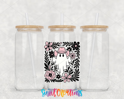 Pink Cowboy Ghost clear glass tumbler group mockup with bamboo lids and straws