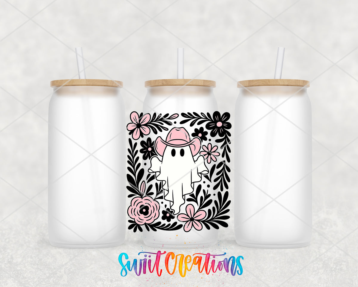 Pink Cowboy Ghost frosted glass tumbler group view with lids and straws