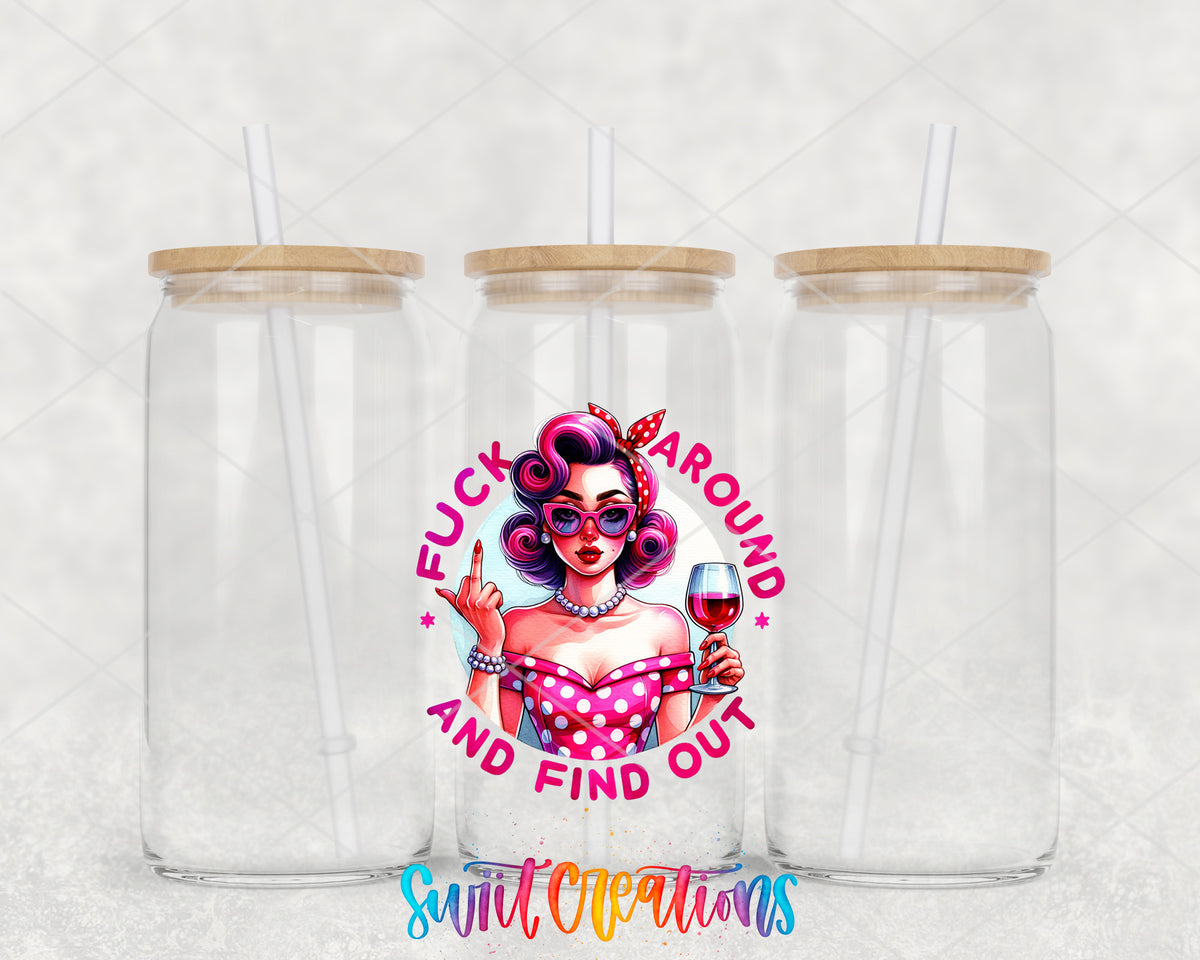 Fuck Around and Find Out clear glass tumbler group mockup with bamboo lids and straws