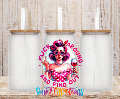 Fuck Around and Find Out frosted glass tumbler mockup with bamboo lids and straws
