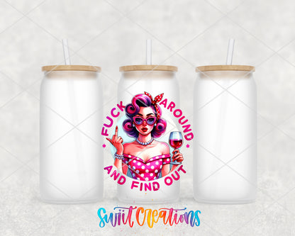 Fuck Around and Find Out frosted glass tumbler group view with lids and straws