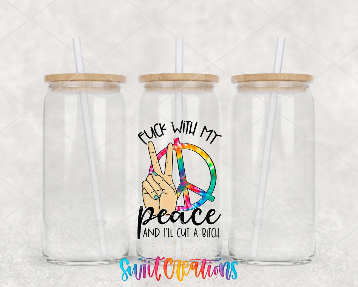 Do Not Fuck With My Peace clear glass tumbler group mockup with bamboo lids and straws