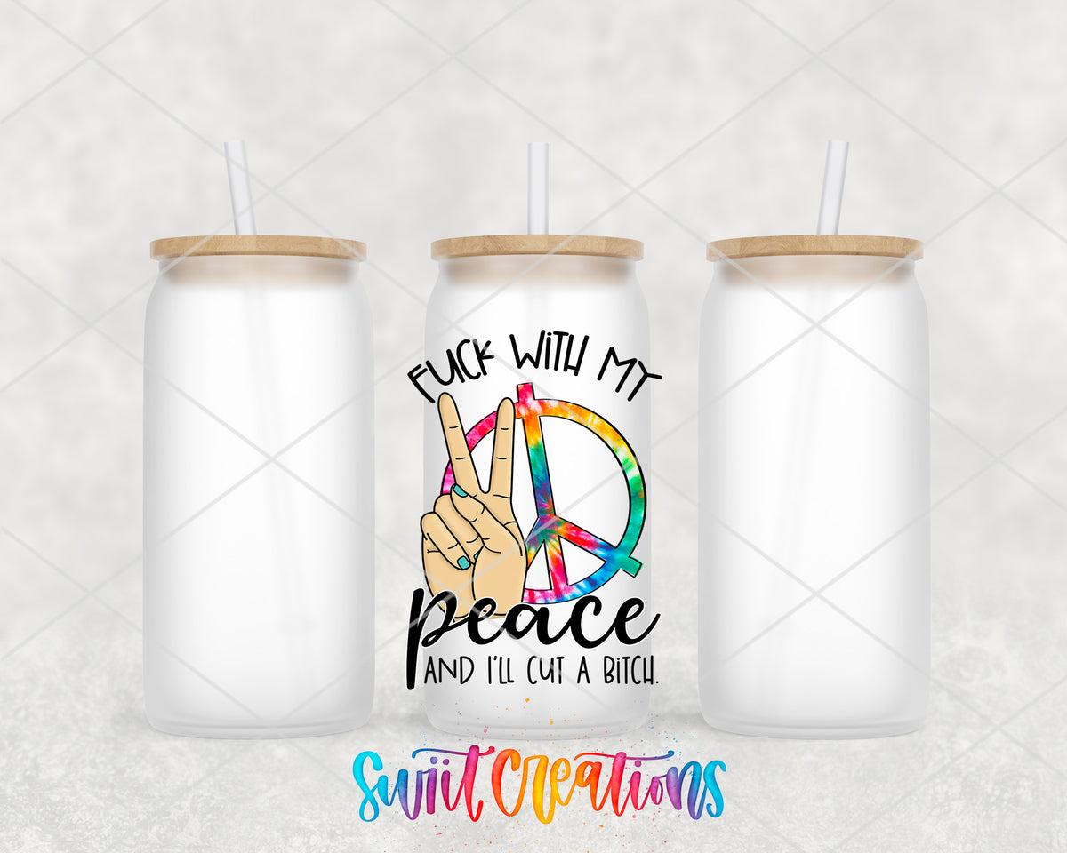 Do Not Fuck With My Peace frosted glass tumbler group view with lids and straws