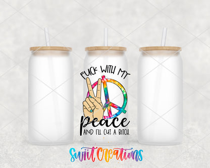 Do Not Fuck With My Peace frosted glass tumbler group view with lids and straws