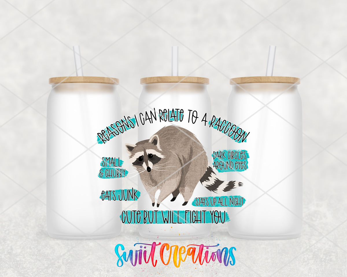Reasons I Relate to a Raccoon frosted glass tumbler group view with lids and straws