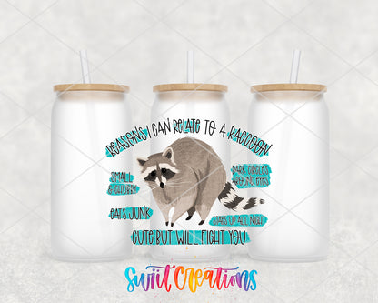 Reasons I Relate to a Raccoon frosted glass tumbler group view with lids and straws