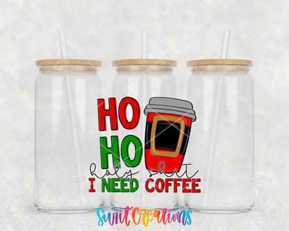 Ho Ho Holy Shit clear glass tumbler group mockup with bamboo lids and straws