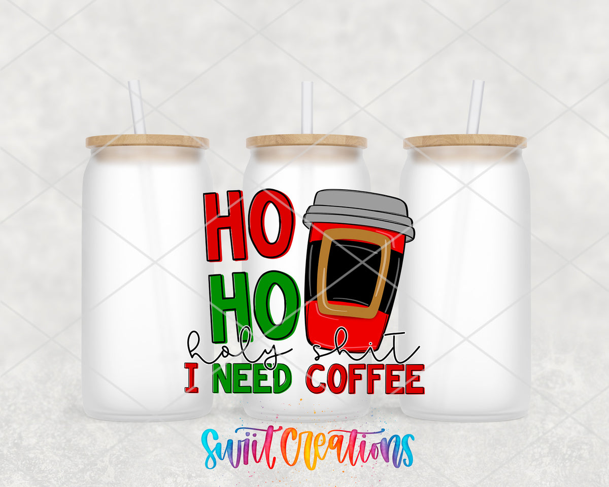 Ho Ho Holy Shit frosted glass tumbler group view with lids and straws