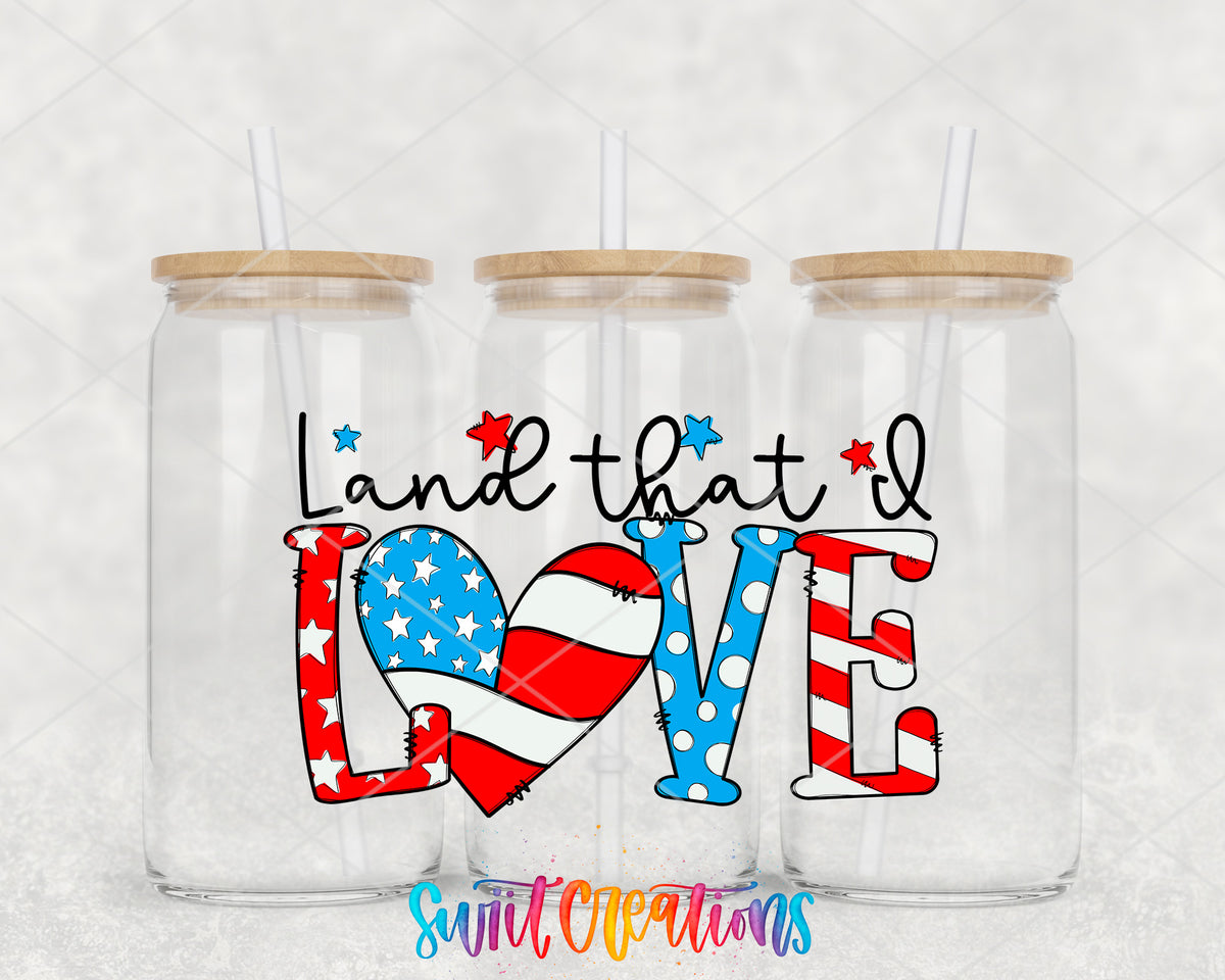 Land That I Love clear glass tumbler group mockup with bamboo lids and straws