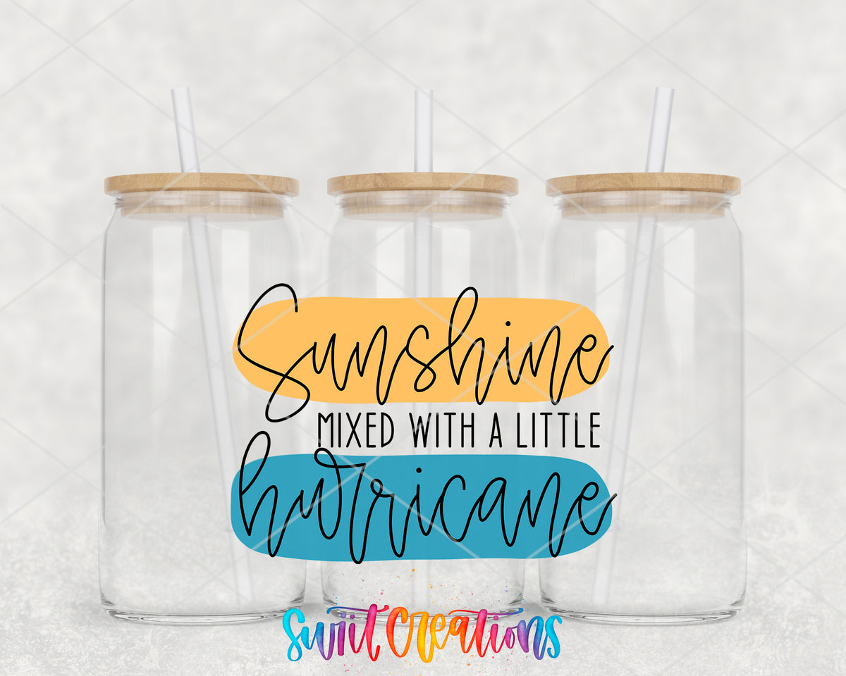 Sunshine Mixed With a Little Hurricane clear glass tumbler group mockup with bamboo lids and straws