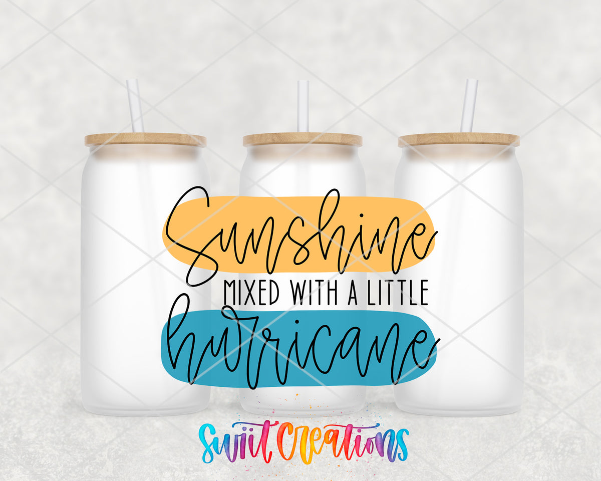 Sunshine Mixed With a Little Hurricane frosted glass tumbler group view with lids and straws