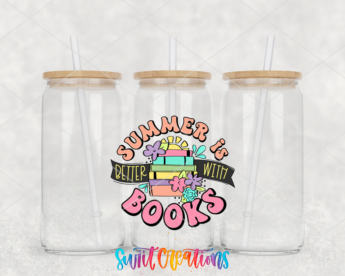 Summer Is Better With Books clear glass tumbler group mockup with bamboo lids and straws