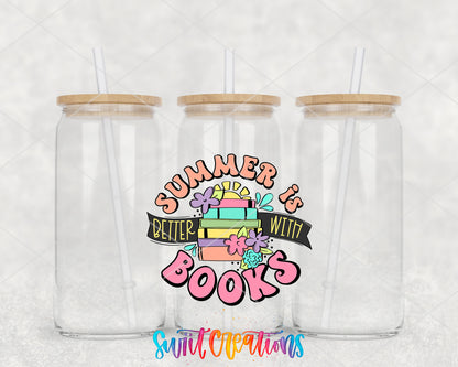 Summer Is Better With Books clear glass tumbler group mockup with bamboo lids and straws