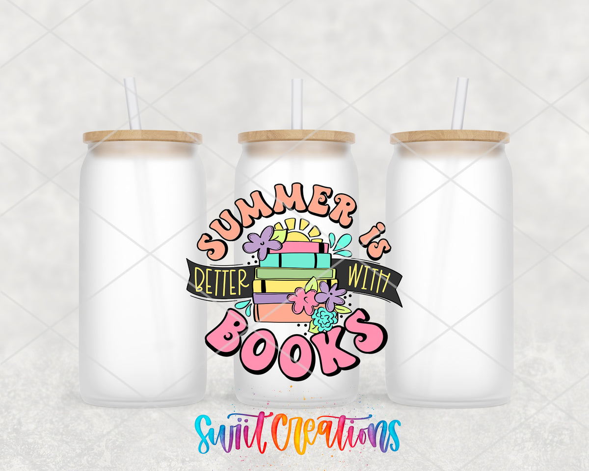 Summer Is Better With Books frosted glass tumbler group view with lids and straws