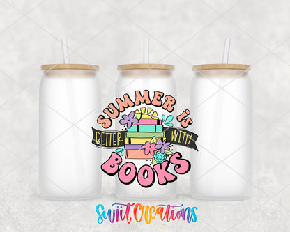 Summer Is Better With Books frosted glass tumbler group view with lids and straws