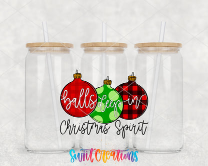 Balls Deep in Christmas Spirit clear glass tumbler group mockup with bamboo lids and straws