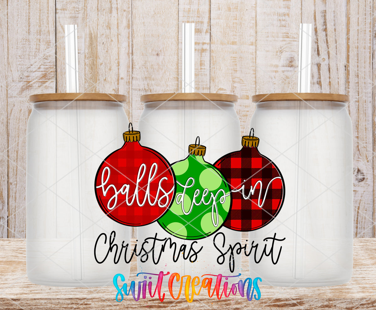 Balls Deep in Christmas Spirit frosted glass tumbler mockup with bamboo lids and straws