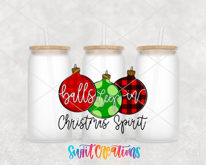 Balls Deep in Christmas Spirit frosted glass tumbler group view with lids and straws
