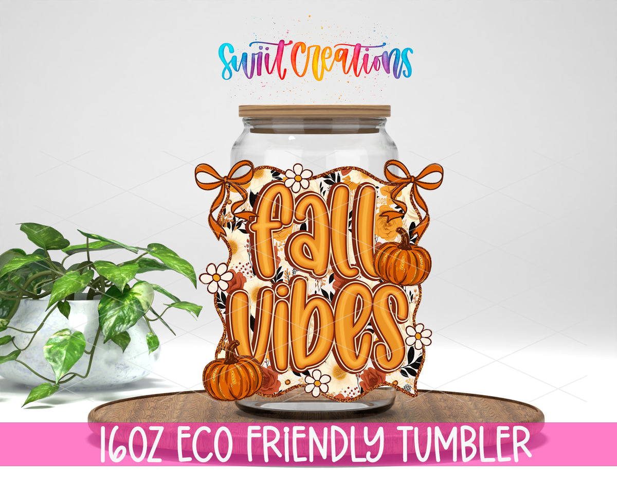 Fall Vibes design on a 16 oz clear glass tumbler with bamboo lid