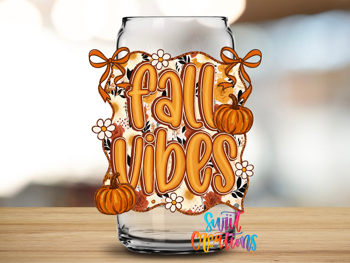 Fall Vibes design close-up on a clear glass can tumbler