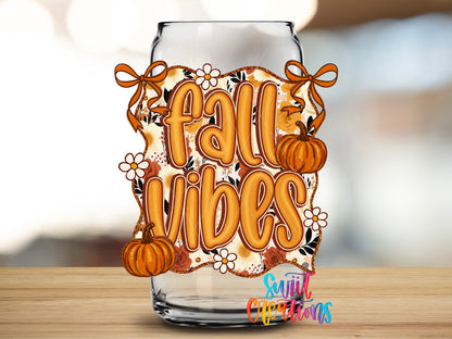 Fall Vibes design close-up on a clear glass can tumbler