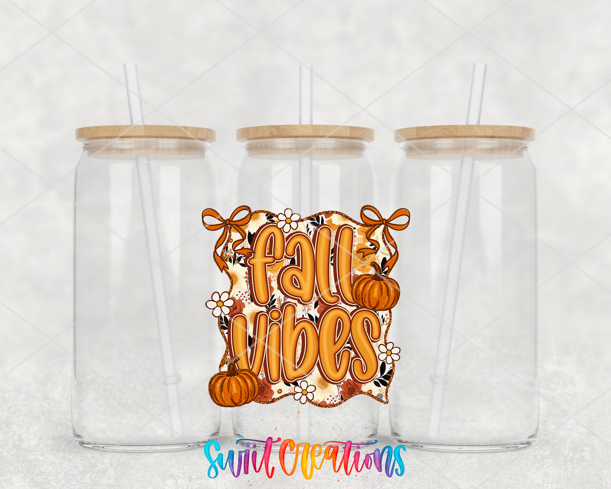 Fall Vibes clear glass tumbler group mockup with bamboo lids and straws