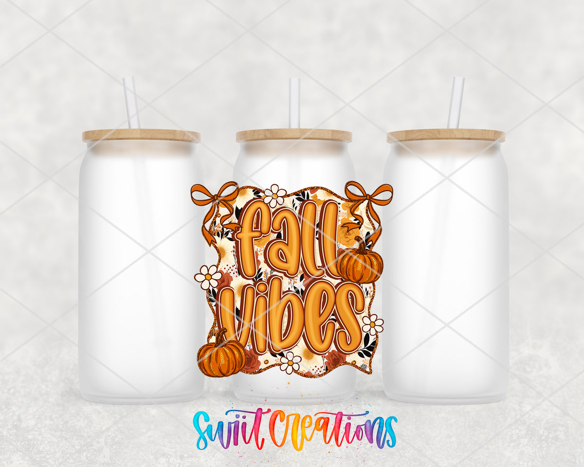 Fall Vibes frosted glass tumbler group view with lids and straws