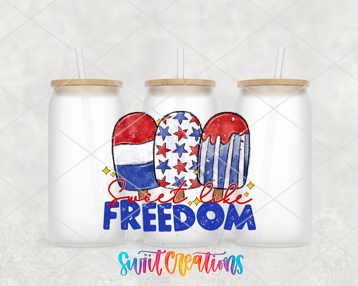 Sweet Like Freedom frosted glass tumbler group view with lids and straws