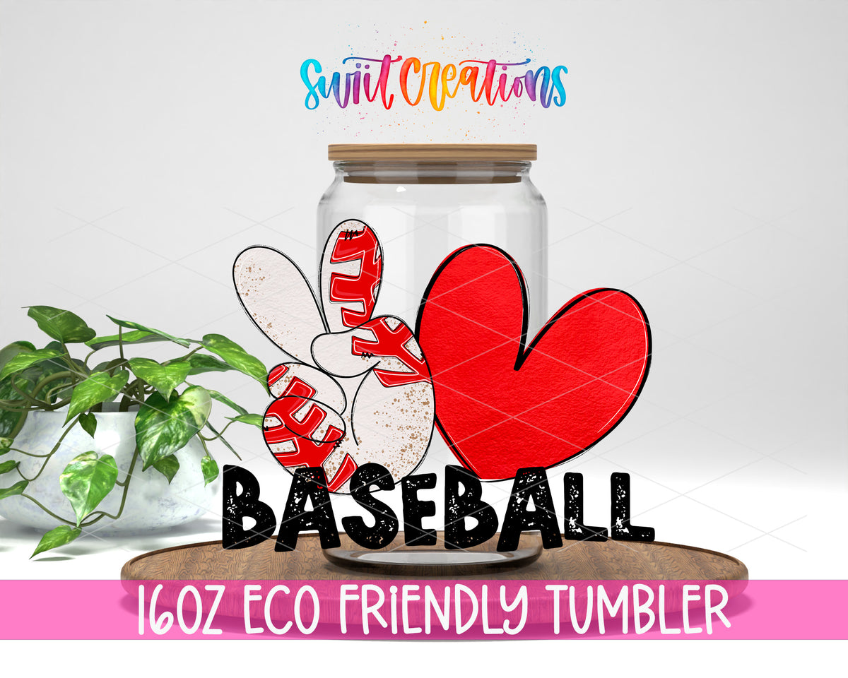 Peace Love Baseball design on a 16 oz clear glass tumbler with bamboo lid