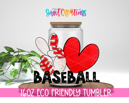 Peace Love Baseball design on a 16 oz clear glass tumbler with bamboo lid