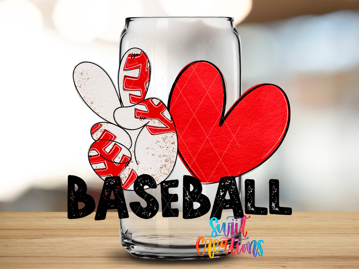 Peace Love Baseball design close-up on a clear glass can tumbler