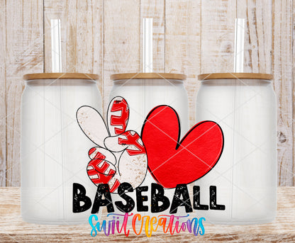 Peace Love Baseball frosted glass tumbler mockup with bamboo lids and straws