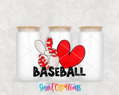 Peace Love Baseball frosted glass tumbler group view with lids and straws