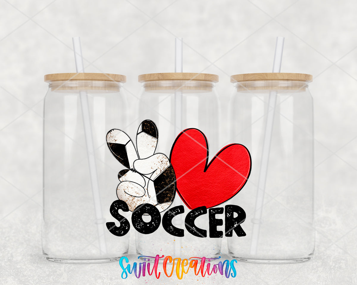Peace Love Soccer clear glass tumbler group mockup with bamboo lids and straws