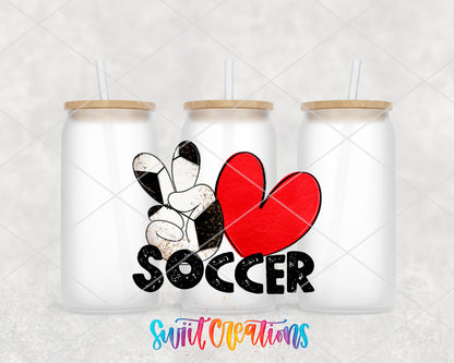 Peace Love Soccer frosted glass tumbler group view with lids and straws