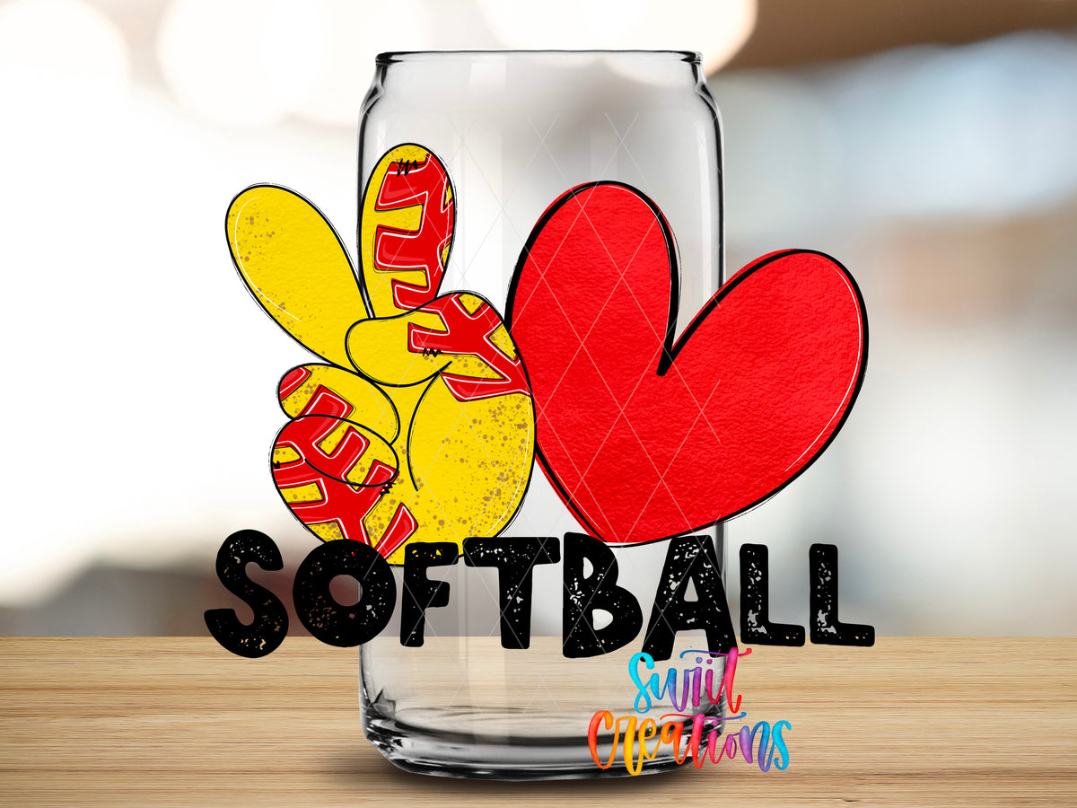 Peace Love Softball design close-up on a clear glass can tumbler