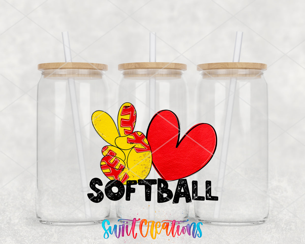 Peace Love Softball clear glass tumbler group mockup with bamboo lids and straws