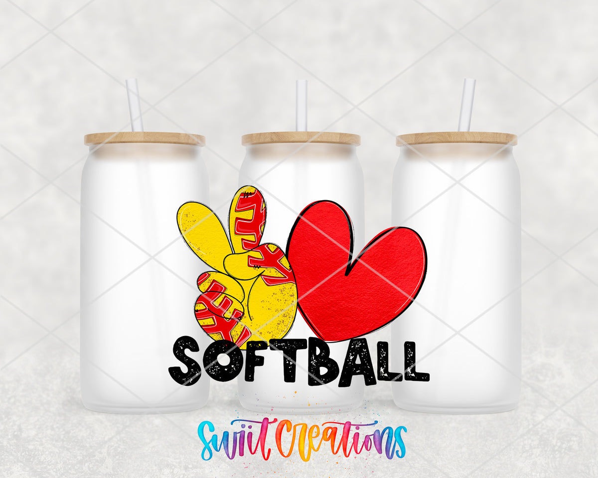 Peace Love Softball frosted glass tumbler group view with lids and straws