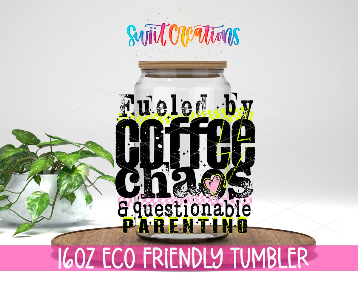 Fueled by Coffee design on a 16 oz clear glass tumbler with bamboo lid